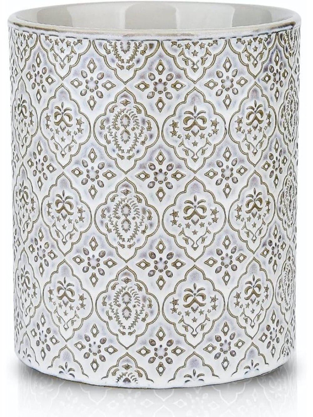 New White Ceramic Utensil Holder 6 x 7 inch Large Embossed Countertop Crock